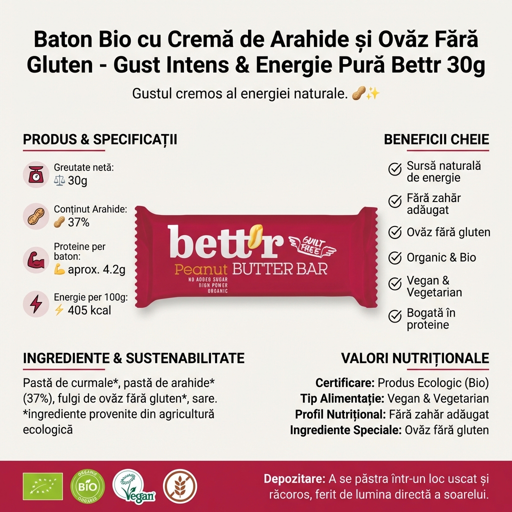 Baton Bio cu Cremă de Arahide și Ovăz Fără Gluten - Gust Intens & Energie Pură Bettr 30g 4