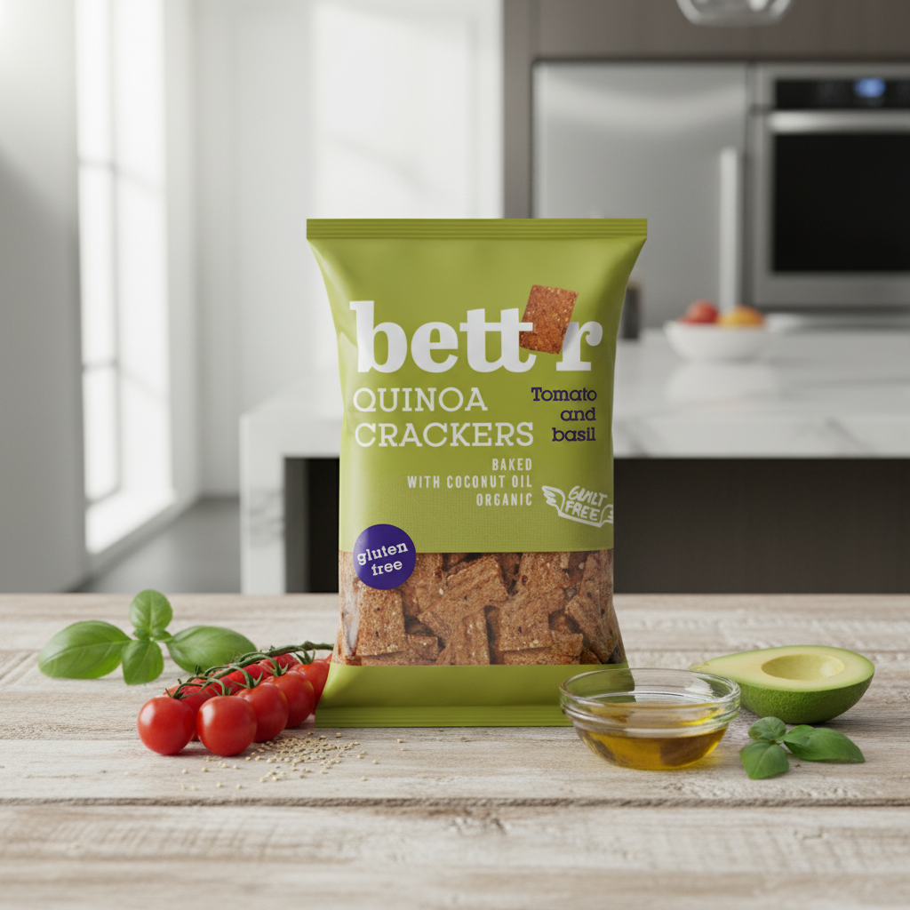 Crackers Ecologici cu Quinoa, Roșii și Busuioc Bettr - Gustare Crocantă Fără Gluten, Coaptă cu Ulei de Cocos 100g 2