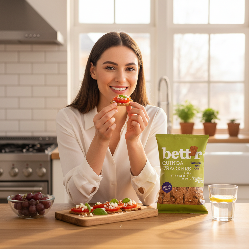 Crackers Ecologici cu Quinoa, Roșii și Busuioc Bettr - Gustare Crocantă Fără Gluten, Coaptă cu Ulei de Cocos 100g 3