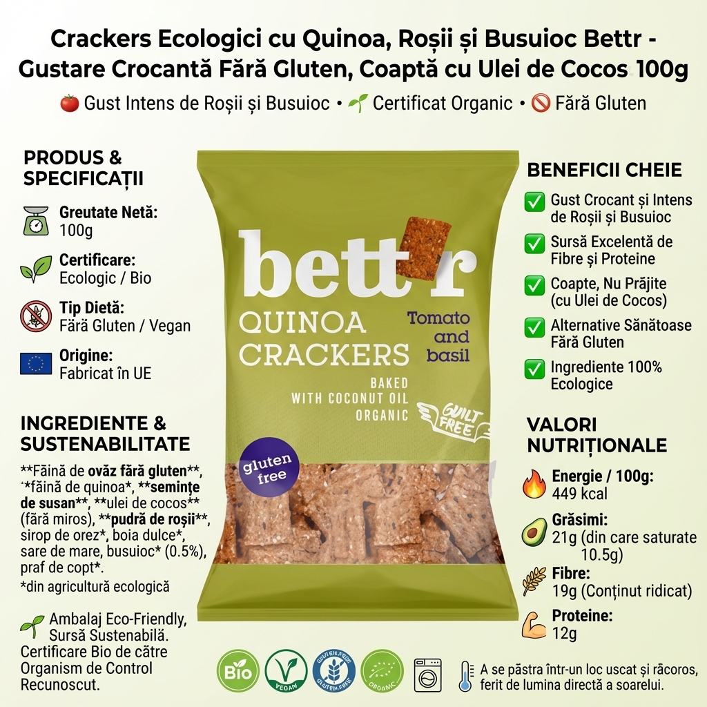 Crackers Ecologici cu Quinoa, Roșii și Busuioc Bettr - Gustare Crocantă Fără Gluten, Coaptă cu Ulei de Cocos 100g 4