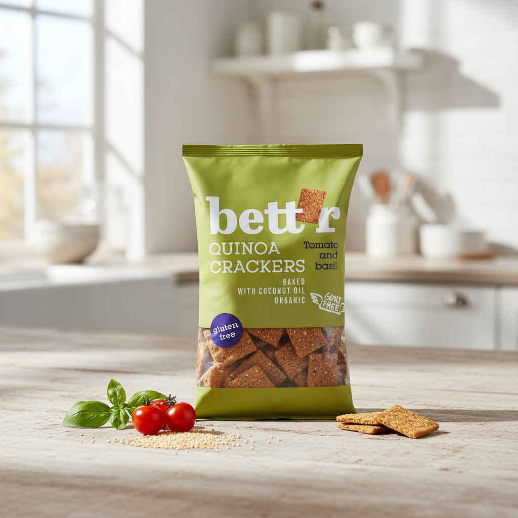 Crackers Ecologici cu Quinoa, Roșii și Busuioc Bettr - Gustare Crocantă Fără Gluten, Coaptă cu Ulei de Cocos 100g