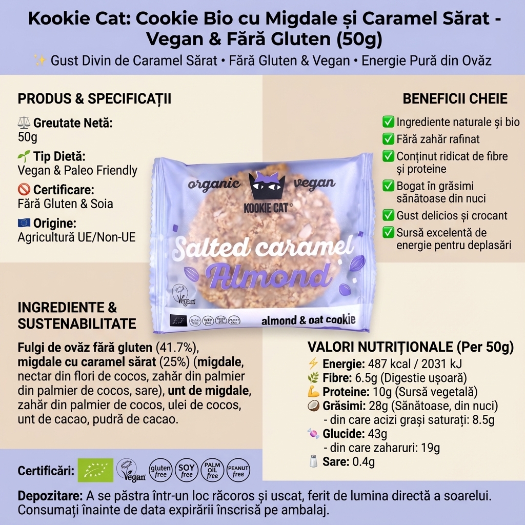 Kookie Cat: Cookie Bio cu Migdale și Caramel Sărat - Vegan & Fără Gluten (50g) 4