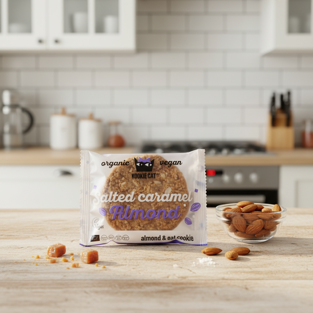 Kookie Cat: Cookie Bio cu Migdale și Caramel Sărat - Vegan & Fără Gluten (50g)