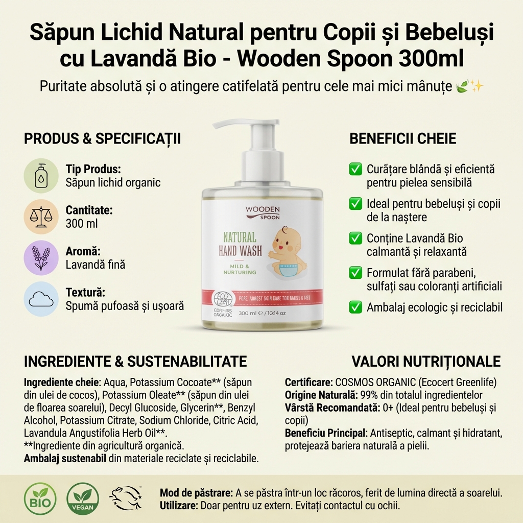 Săpun Lichid Natural pentru Copii și Bebeluși cu Lavandă Bio - Wooden Spoon 300ml 4