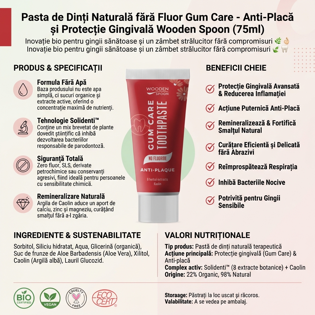 Pasta de Dinți Naturală fără Fluor Gum Care - Anti-Placă și Protecție Gingivală Wooden Spoon (75ml) 4