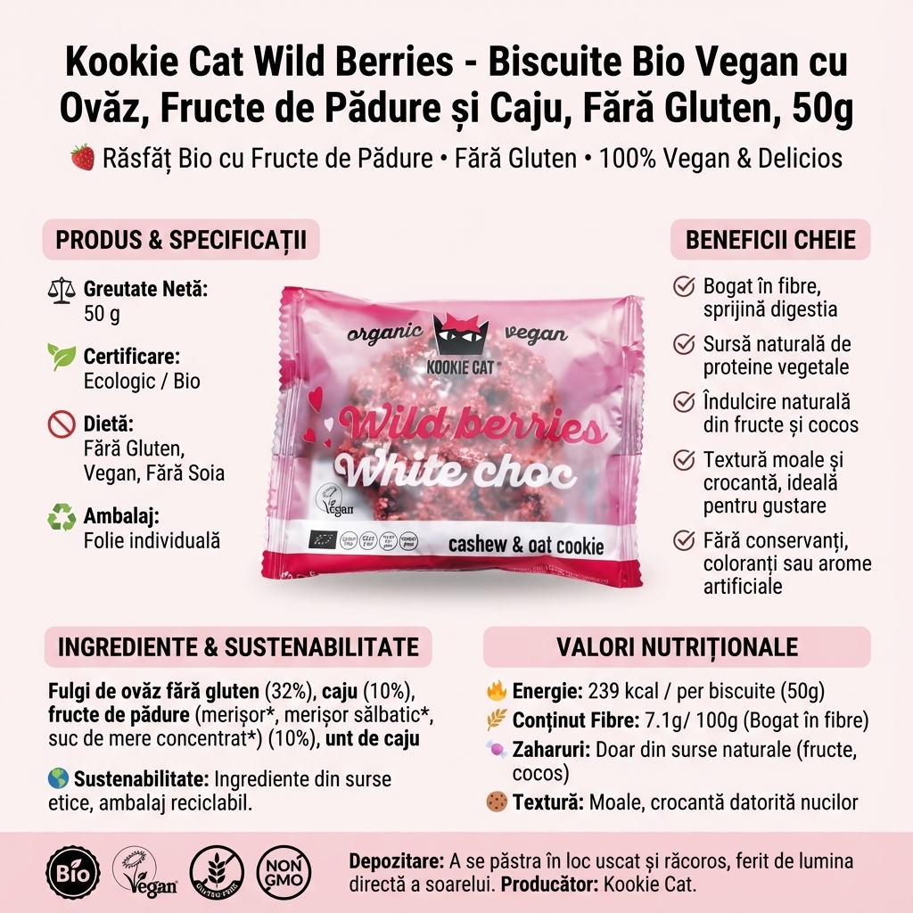 Kookie Cat Wild Berries - Biscuite Bio Vegan cu Ovăz, Fructe de Pădure și Caju, Fără Gluten, 50g 4
