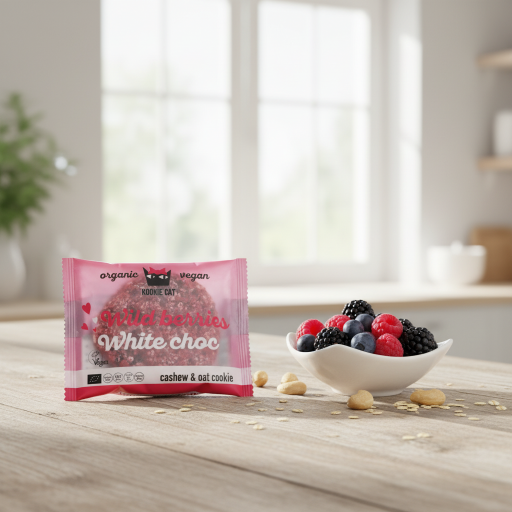 Kookie Cat Wild Berries - Biscuite Bio Vegan cu Ovăz, Fructe de Pădure și Caju, Fără Gluten, 50g