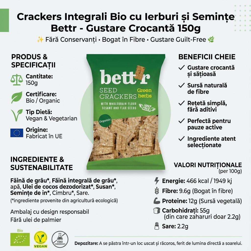 Crackers Integrali Bio cu Ierburi și Semințe Bettr - Gustare Crocantă 150g 4