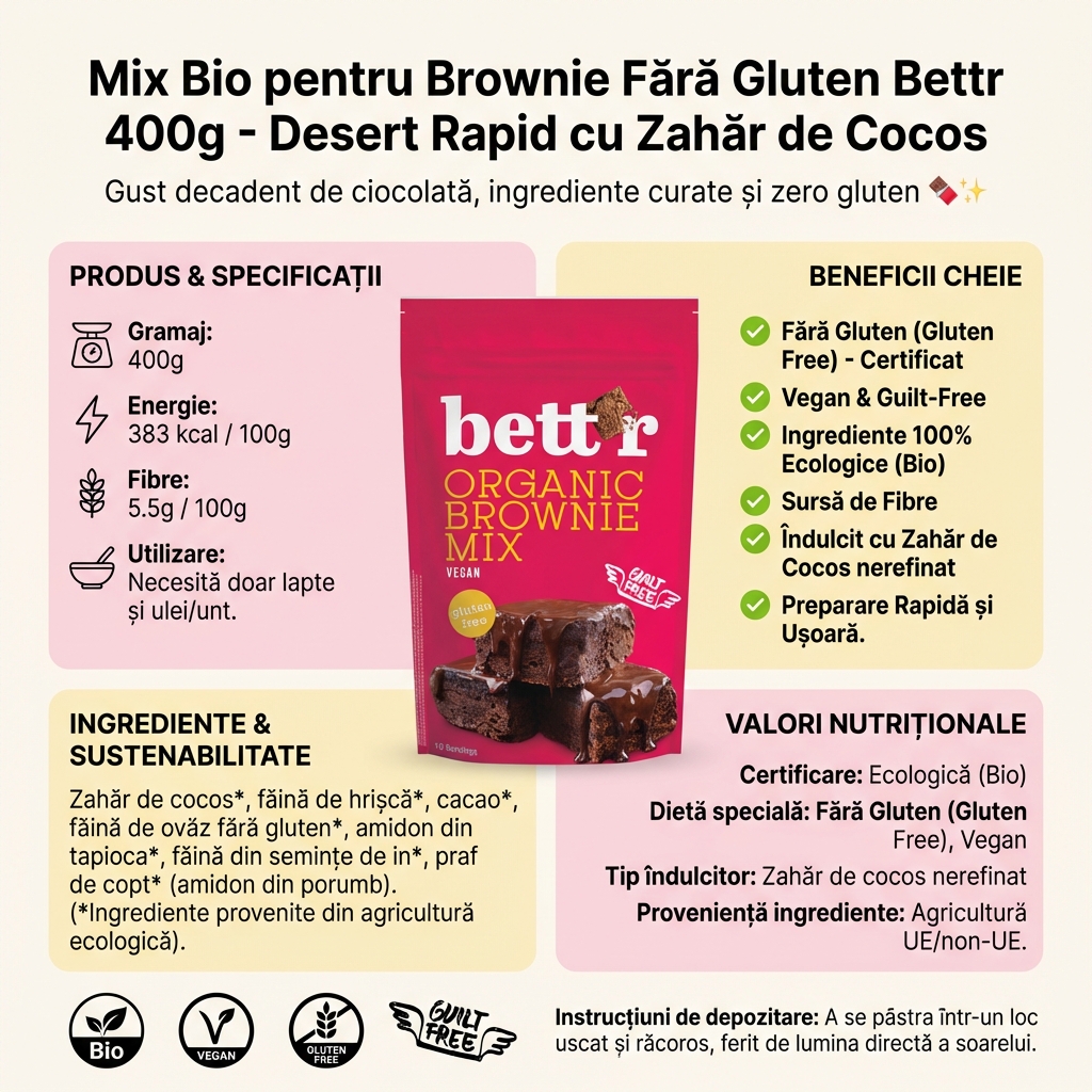 Mix Bio pentru Brownie Fără Gluten Bettr 400g - Desert Rapid cu Zahăr de Cocos 4