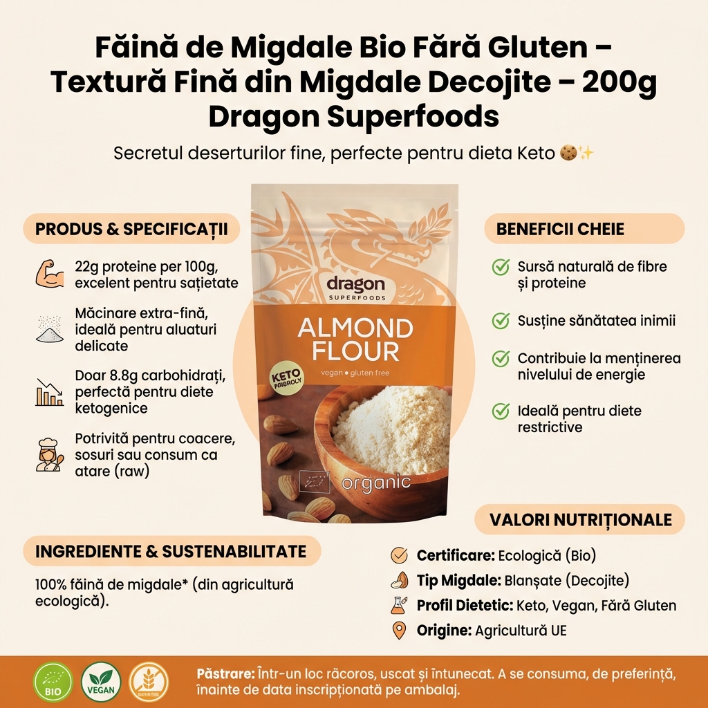 Făină de Migdale Bio Fără Gluten – Textură Fină din Migdale Decojite – 200g Dragon Superfoods 4