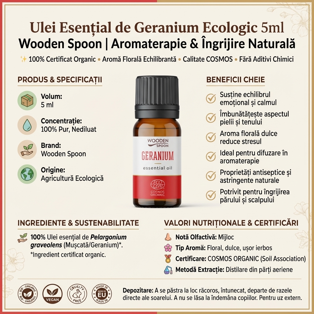 Ulei Esențial de Geranium Ecologic 5ml Wooden Spoon | Aromaterapie & Îngrijire Naturală 4