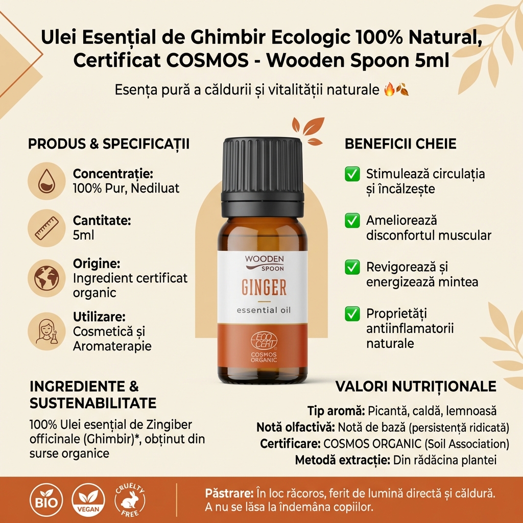 Ulei Esențial de Ghimbir Ecologic 100% Natural, Certificat COSMOS - Wooden Spoon 5ml 4