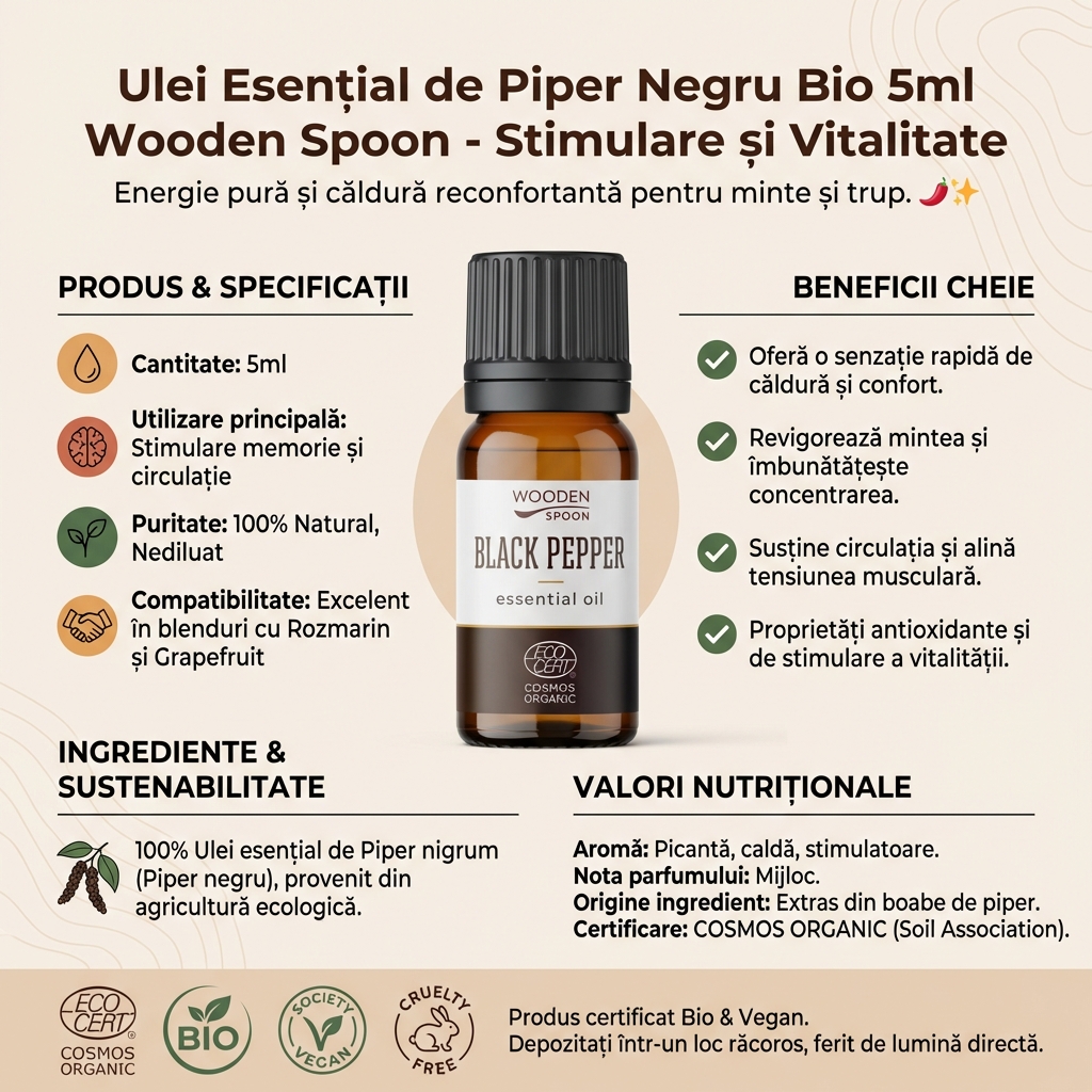 Ulei Esențial de Piper Negru Bio 5ml Wooden Spoon - Stimulare și Vitalitate 4