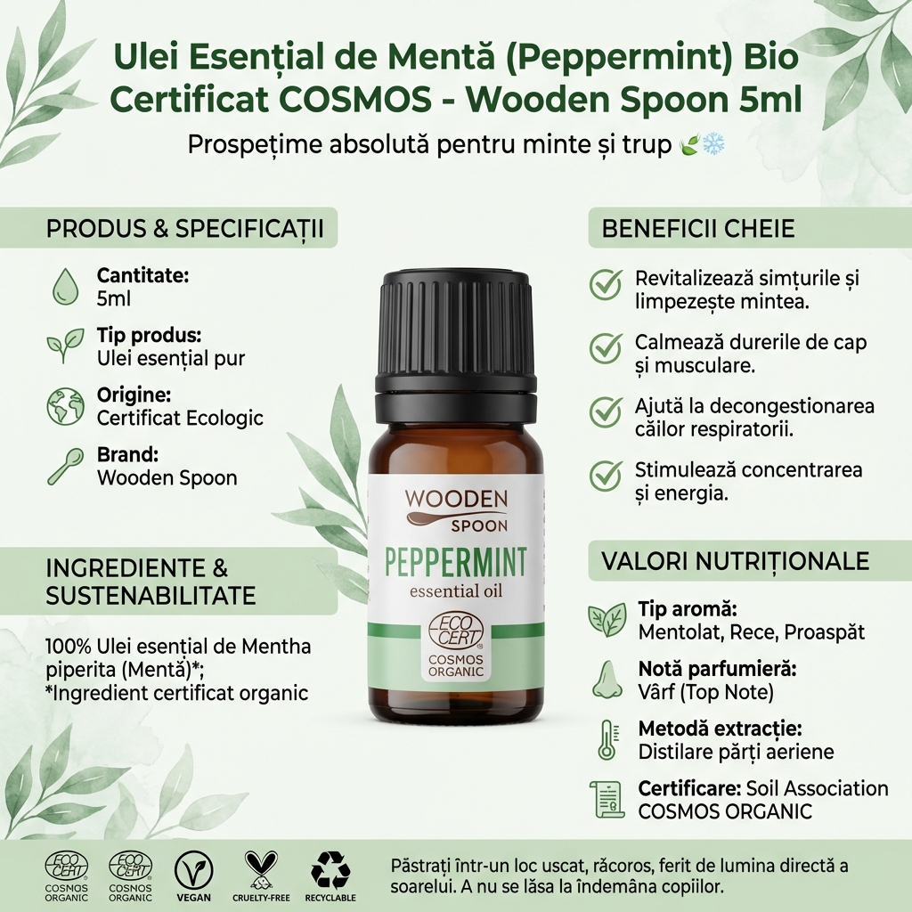Ulei Esențial de Mentă (Peppermint) Bio Certificat COSMOS - Wooden Spoon 5ml 4