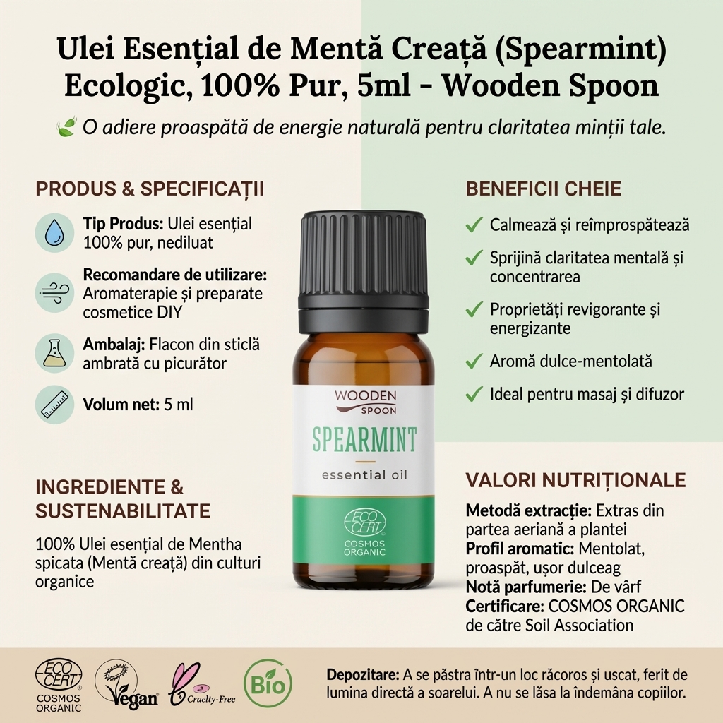 Ulei Esențial de Mentă Creață (Spearmint) Ecologic, 100% Pur, 5ml - Wooden Spoon 4
