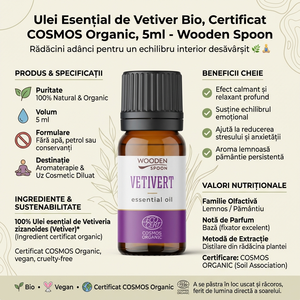 Ulei Esențial de Vetiver Bio, Certificat COSMOS Organic, 5ml - Wooden Spoon 4
