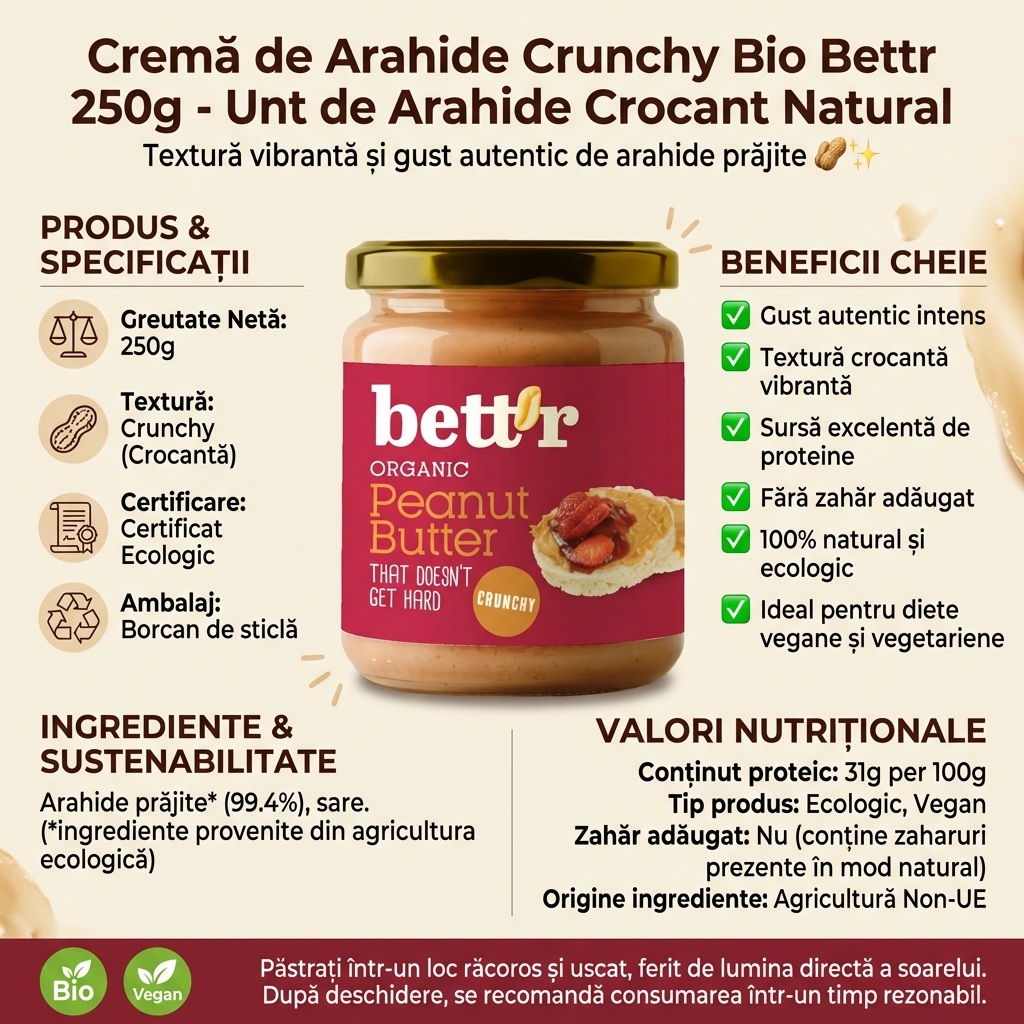 Cremă de Arahide Crunchy Bio Bettr 250g - Unt de Arahide Crocant Natural 4