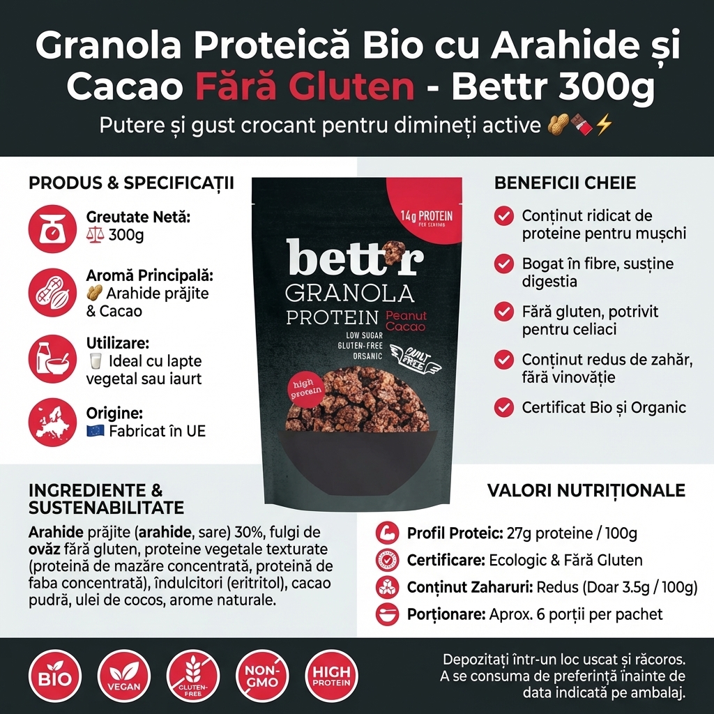 Granola Proteică Bio cu Arahide și Cacao Fără Gluten - Bettr 300g 4