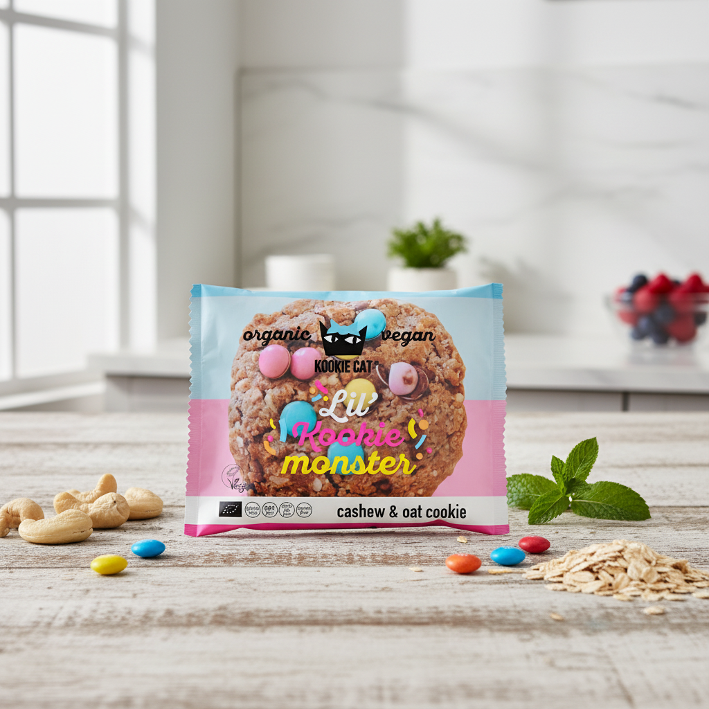 Kookie Cat Lil' Kookie Monster - Cookie Bio cu Ovăz, Caju și Dropsuri Colorate de Ciocolată, Fără Gluten 50g 2