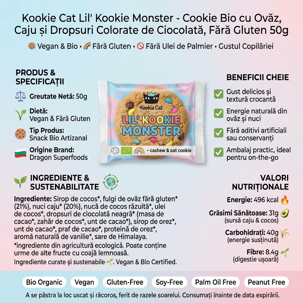 Kookie Cat Lil' Kookie Monster - Cookie Bio cu Ovăz, Caju și Dropsuri Colorate de Ciocolată, Fără Gluten 50g 4