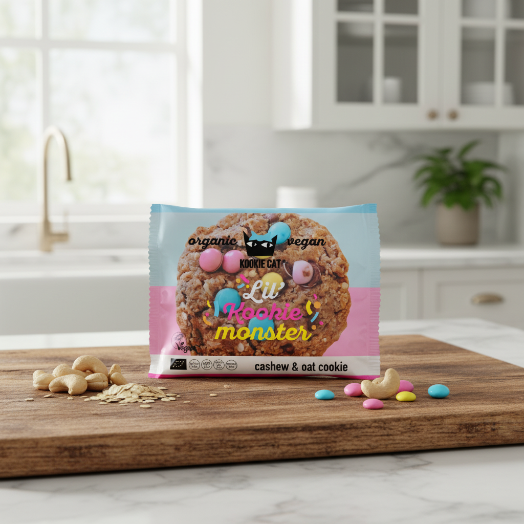 Kookie Cat Lil' Kookie Monster - Cookie Bio cu Ovăz, Caju și Dropsuri Colorate de Ciocolată, Fără Gluten 50g