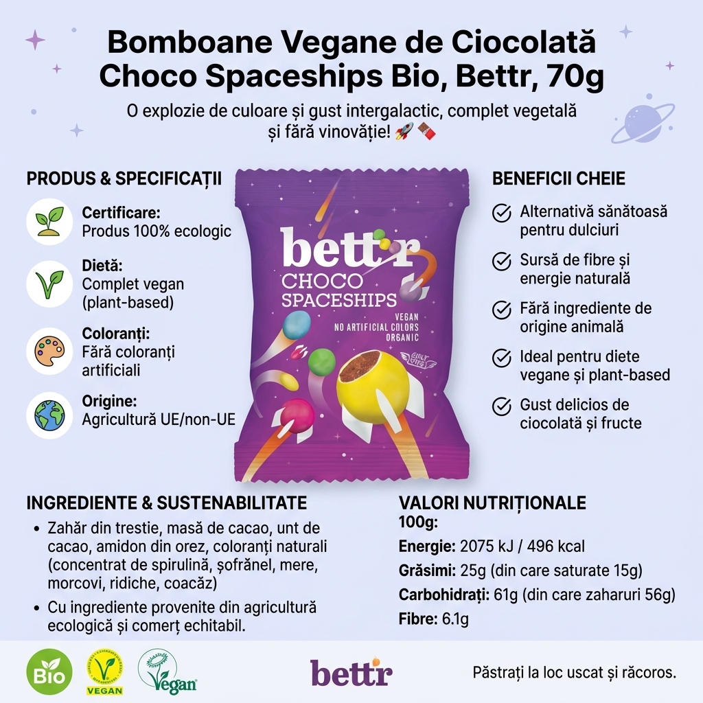 Bomboane Vegane de Ciocolată Choco Spaceships Bio, Bettr, 70g 4