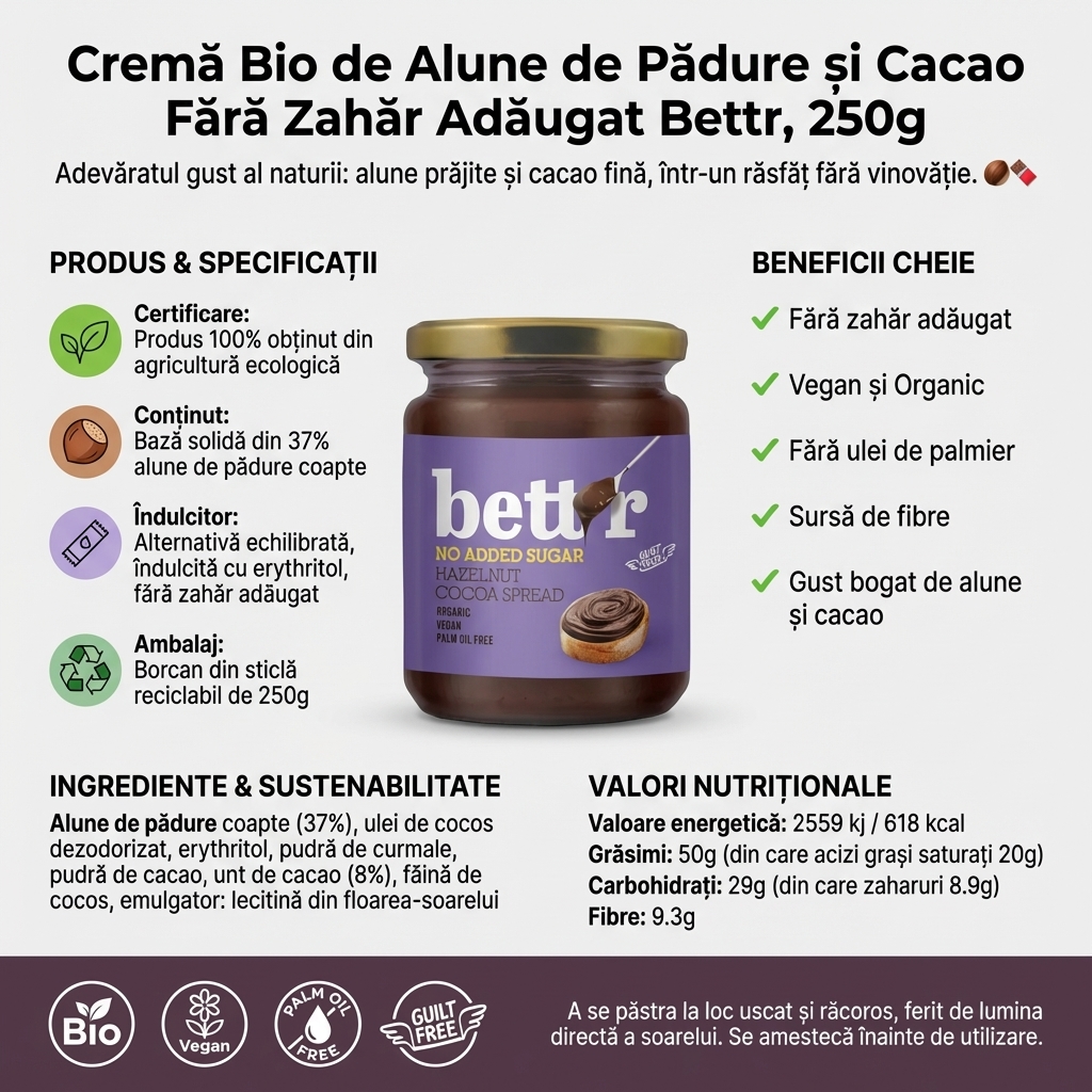 Cremă Bio de Alune de Pădure și Cacao Fără Zahăr Adăugat Bettr, 250g 4