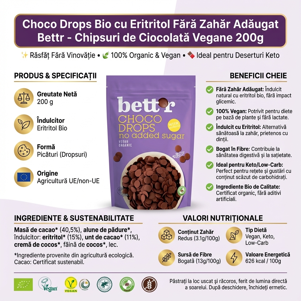 Choco Drops Bio cu Eritritol Fără Zahăr Adăugat Bettr - Chipsuri de Ciocolată Vegane 200g 4