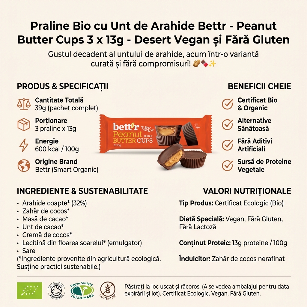 Praline Bio cu Unt de Arahide Bettr - Peanut Butter Cups 3 x 13g - Desert Vegan și Fără Gluten 4