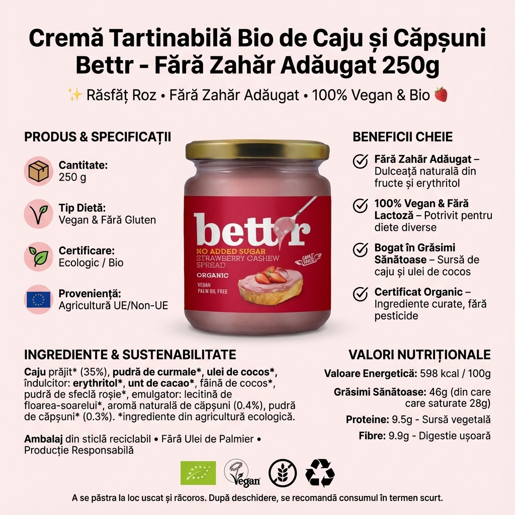 Cremă Tartinabilă Bio de Caju și Căpșuni Bettr - Fără Zahăr Adăugat 250g 4