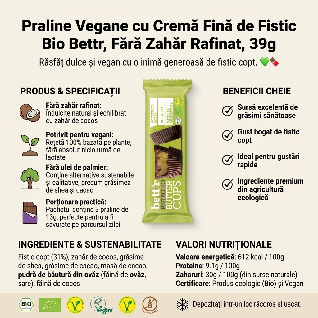 Praline Vegane cu Cremă Fină de Fistic Bio Bettr, Fără Zahăr Rafinat, 39g 4