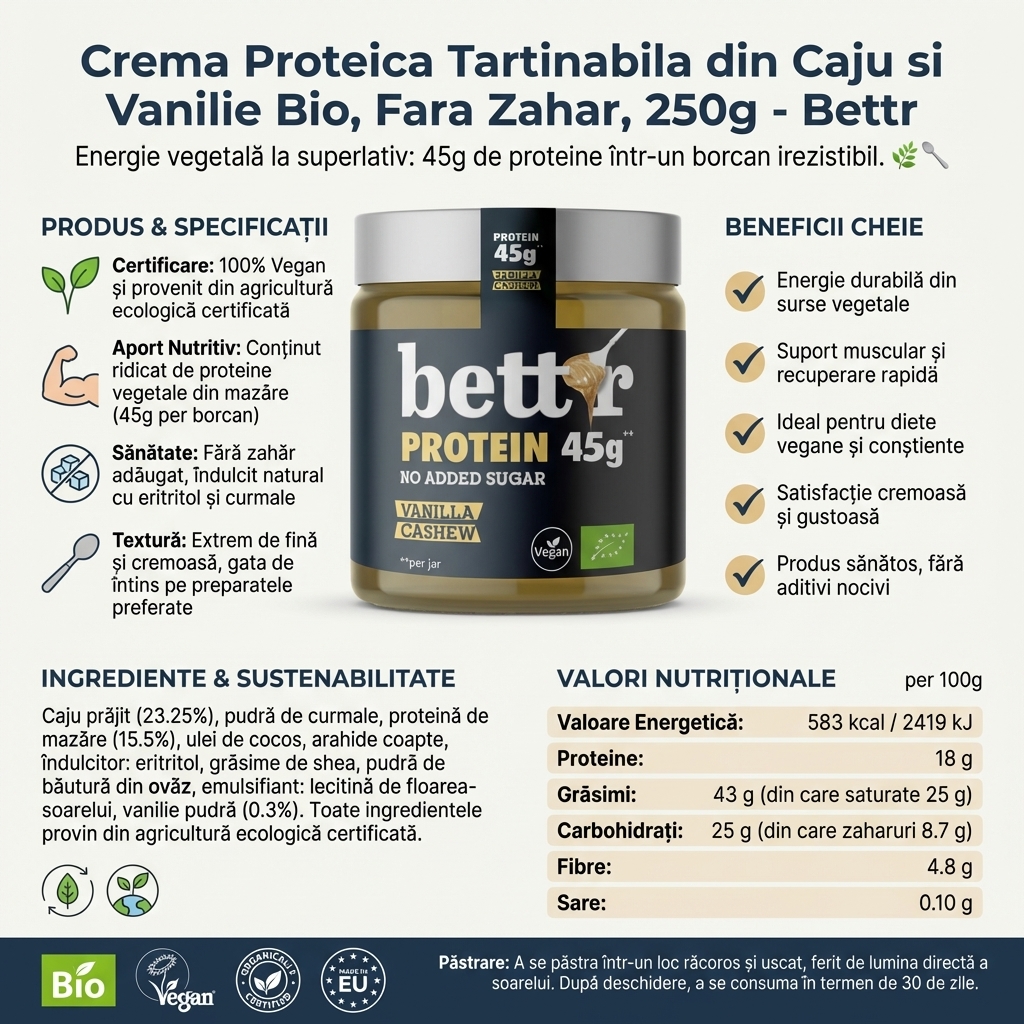 Crema Proteica Tartinabila din Caju si Vanilie Bio, Fara Zahar, 250g - Bettr 4
