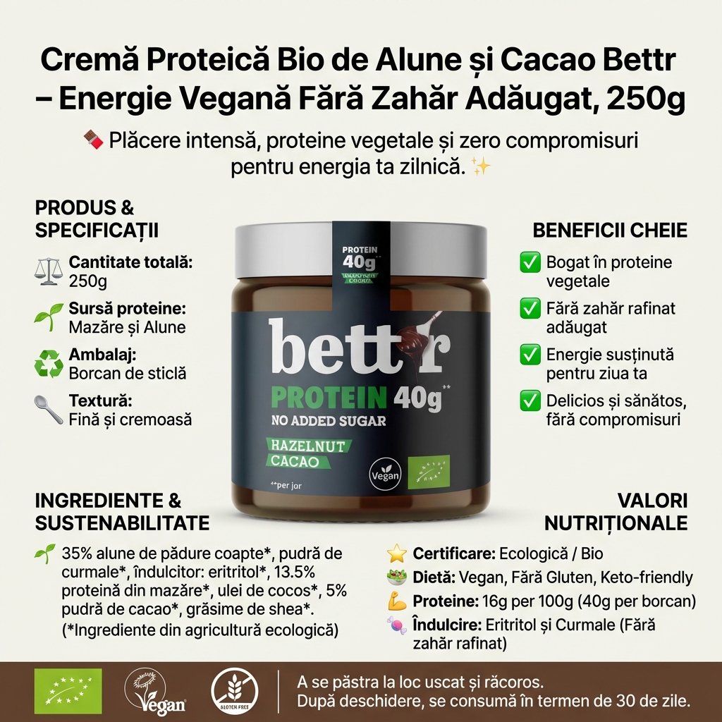 Cremă Proteică Bio de Alune și Cacao Bettr – Energie Vegană Fără Zahăr Adăugat, 250g 4