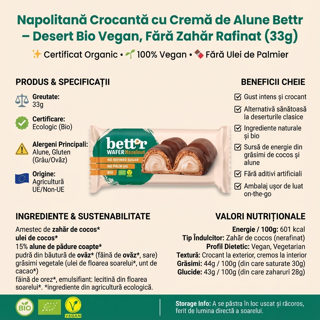 Napolitană Crocantă cu Cremă de Alune Bettr – Desert Bio Vegan, Fără Zahăr Rafinat (33g) 4