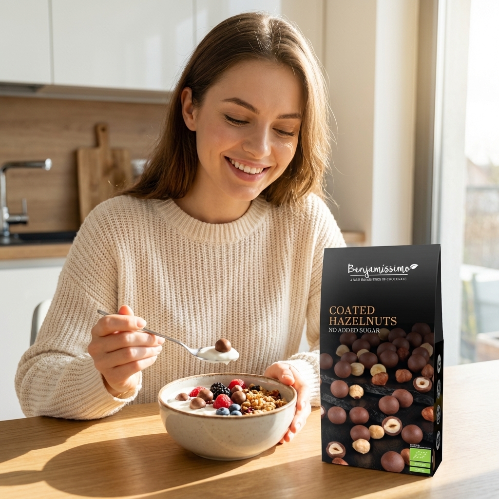 Alune de Pădure în Ciocolată cu Praline Bio, Fără Zahăr Adăugat, 60g - Benjamissimo 3