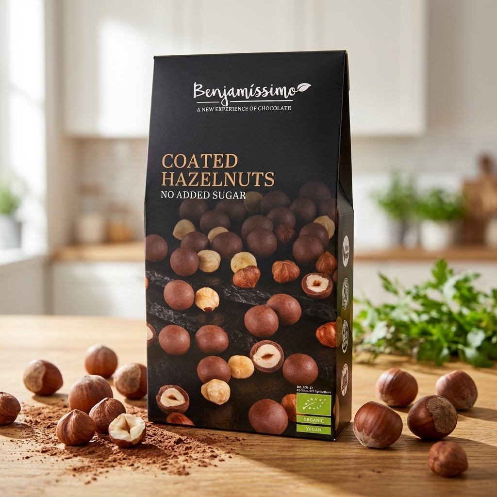 Alune de Pădure în Ciocolată cu Praline Bio, Fără Zahăr Adăugat, 60g - Benjamissimo