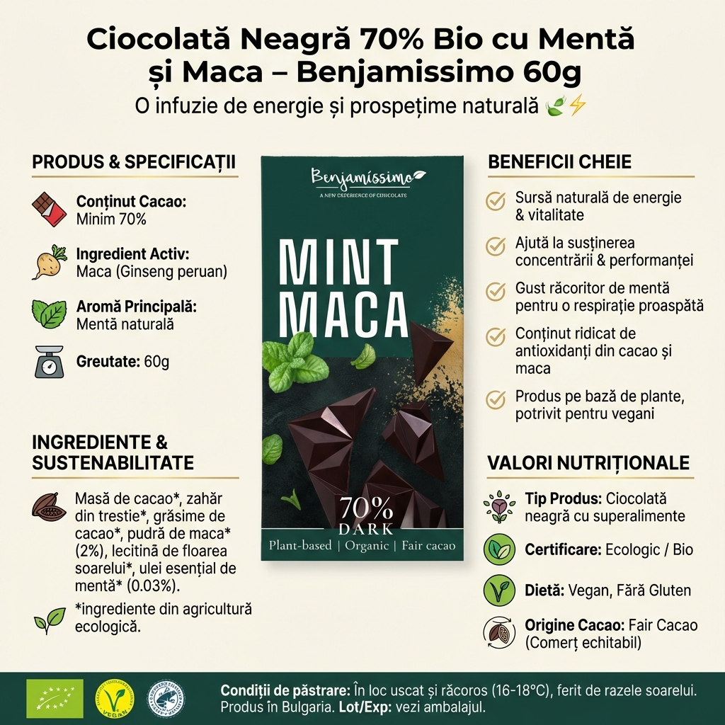 Ciocolată Neagră 70% Bio cu Mentă și Maca - Benjamissimo 60g 4