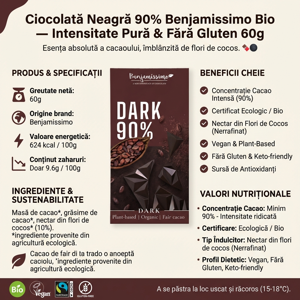 Ciocolată Neagră 90% Benjamissimo Bio - Intensitate Pură & Fără Gluten 60g 4