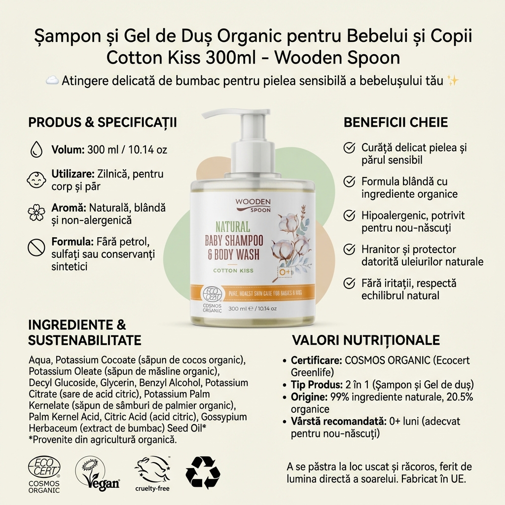 Șampon și Gel de Duș Organic pentru Bebelui și Copii Cotton Kiss 300ml - Wooden Spoon 4