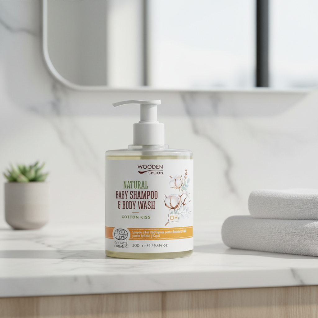 Șampon și Gel de Duș Organic pentru Bebelui și Copii Cotton Kiss 300ml - Wooden Spoon