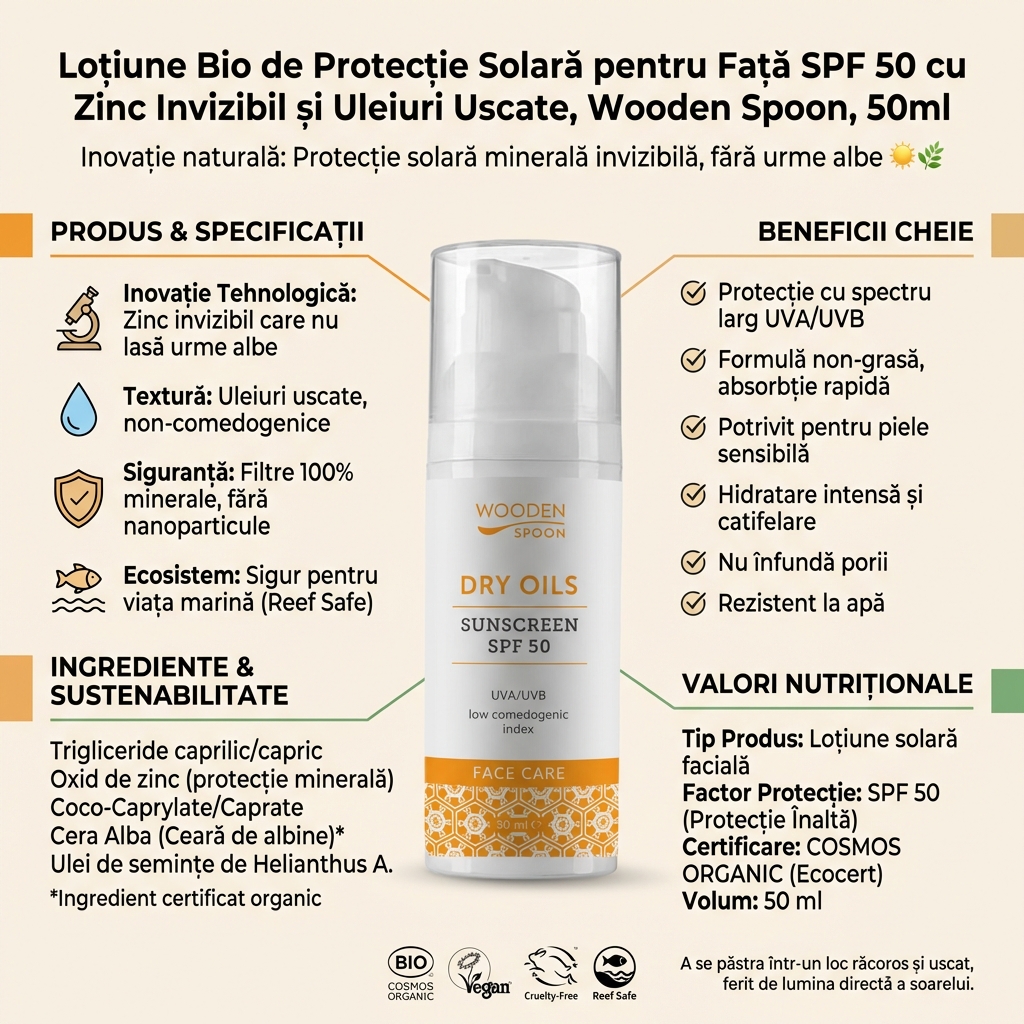 Loțiune Bio de Protecție Solară pentru Față SPF 50 cu Zinc Invizibil și Uleiuri Uscate, Wooden Spoon, 50ml 4
