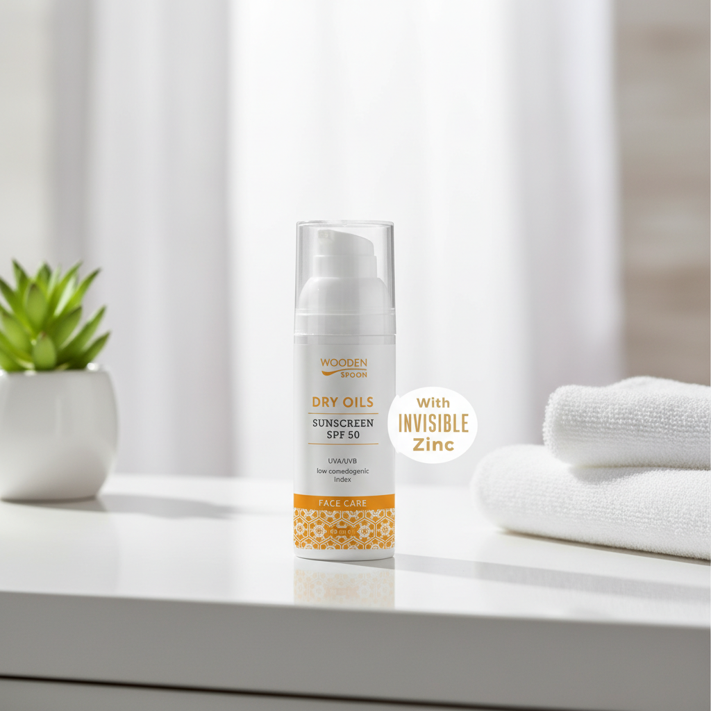 Loțiune Bio de Protecție Solară pentru Față SPF 50 cu Zinc Invizibil și Uleiuri Uscate, Wooden Spoon, 50ml