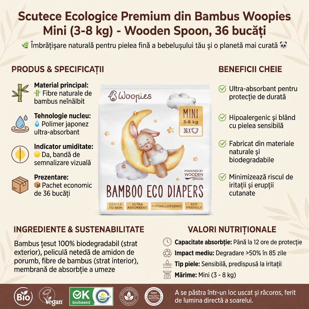 Scutece Ecologice Premium din Bambus Woopies Mini (3-8 kg) - Wooden Spoon, 36 bucăți 4