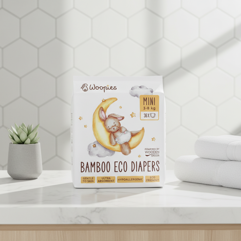 Scutece Ecologice Premium din Bambus Woopies Mini (3-8 kg) - Wooden Spoon, 36 bucăți