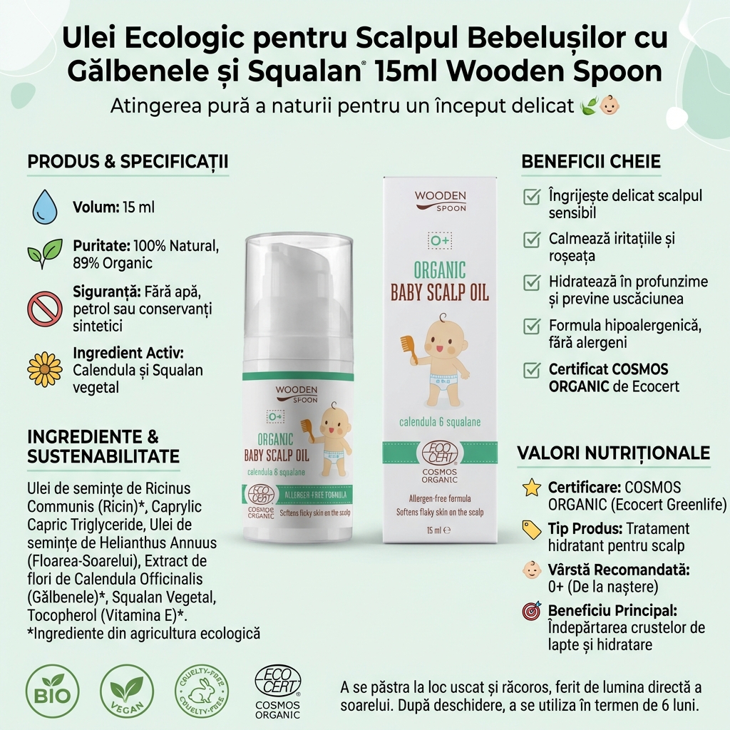 Ulei Ecologic pentru Scalpul Bebelusilor cu Gălbenele și Squalan 15ml Wooden Spoon 4