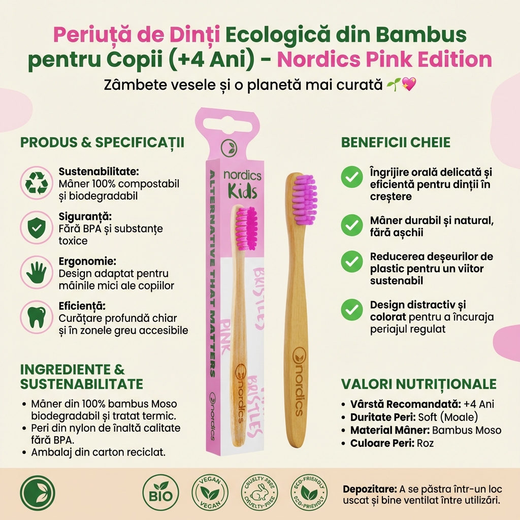 Periuță de Dinți Ecologică din Bambus pentru Copii (+4 Ani) - Nordics Pink Edition 4