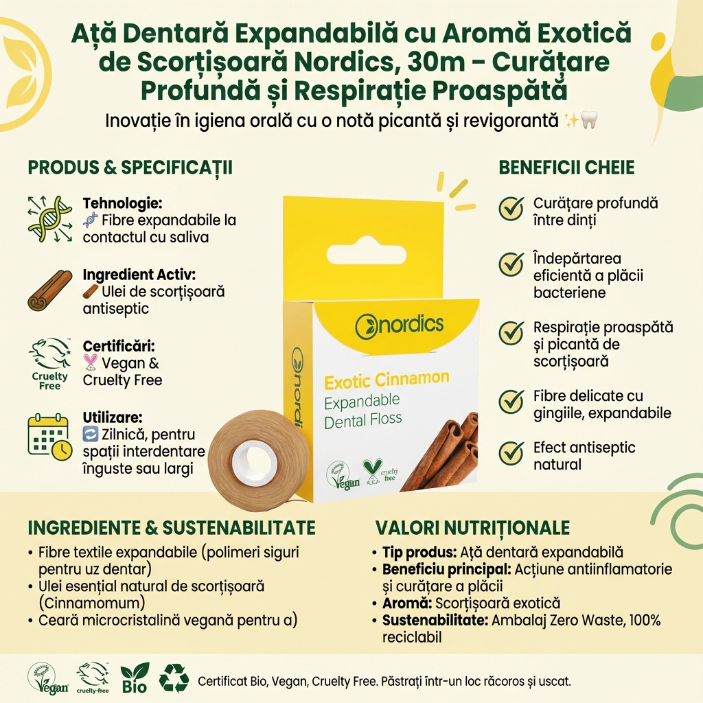 Ată Dentară Expandabilă cu Aromă Exotică de Scorțișoară Nordics, 30m – Curățare Profundă și Respirație Proaspătă 4