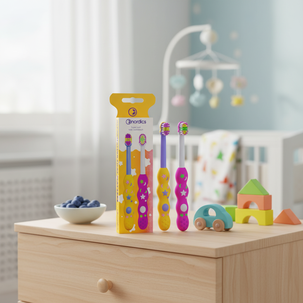 Pachet 2 Periuțe de Dinți Premium pentru Copii 0-2 Ani Nordics - Super Soft, Mâner Silicon, Galben & Roz 2