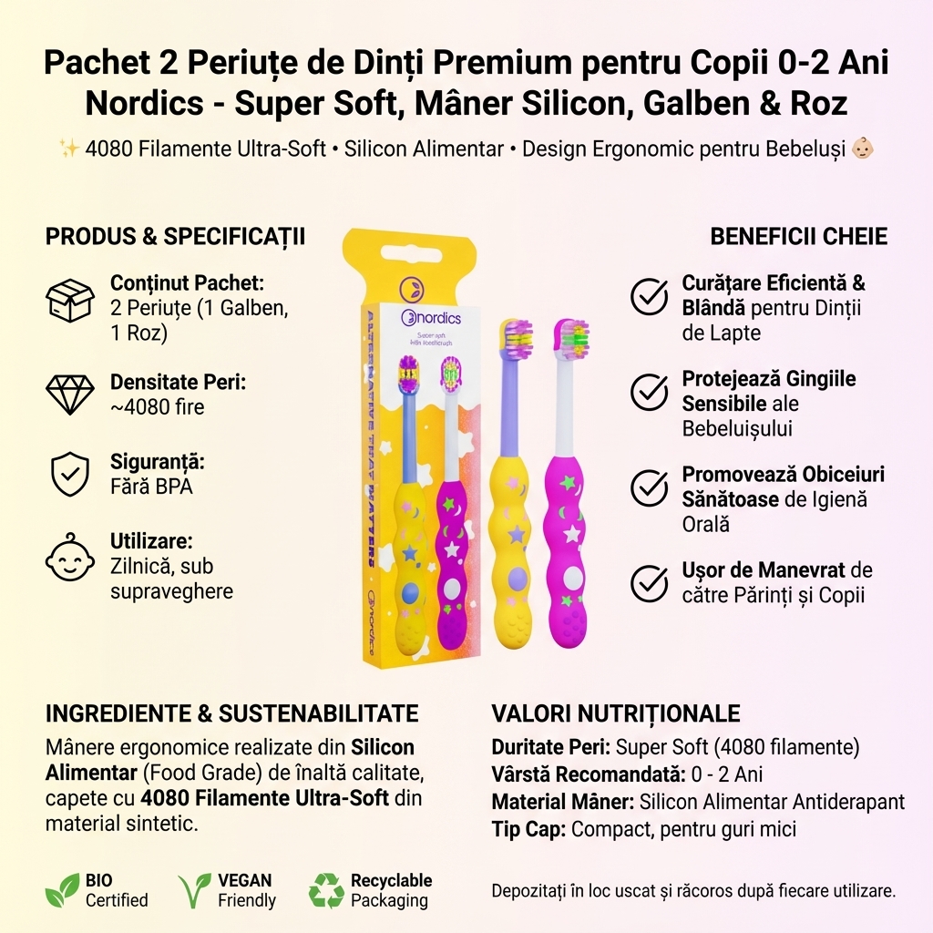Pachet 2 Periuțe de Dinți Premium pentru Copii 0-2 Ani Nordics - Super Soft, Mâner Silicon, Galben & Roz 4