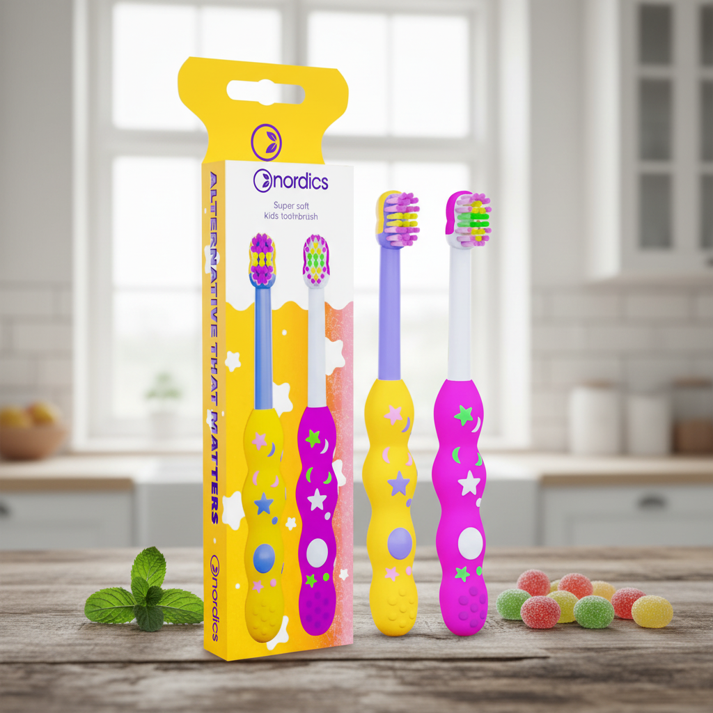 Pachet 2 Periuțe de Dinți Premium pentru Copii 0-2 Ani Nordics - Super Soft, Mâner Silicon, Galben & Roz